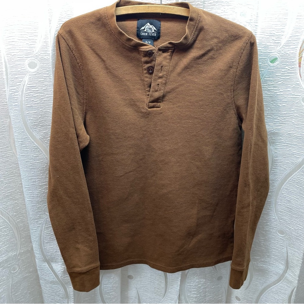 Cabin Fever Henley Shirt Mens Size Small Brown Good Waffle Knit Thermal 894-44H3